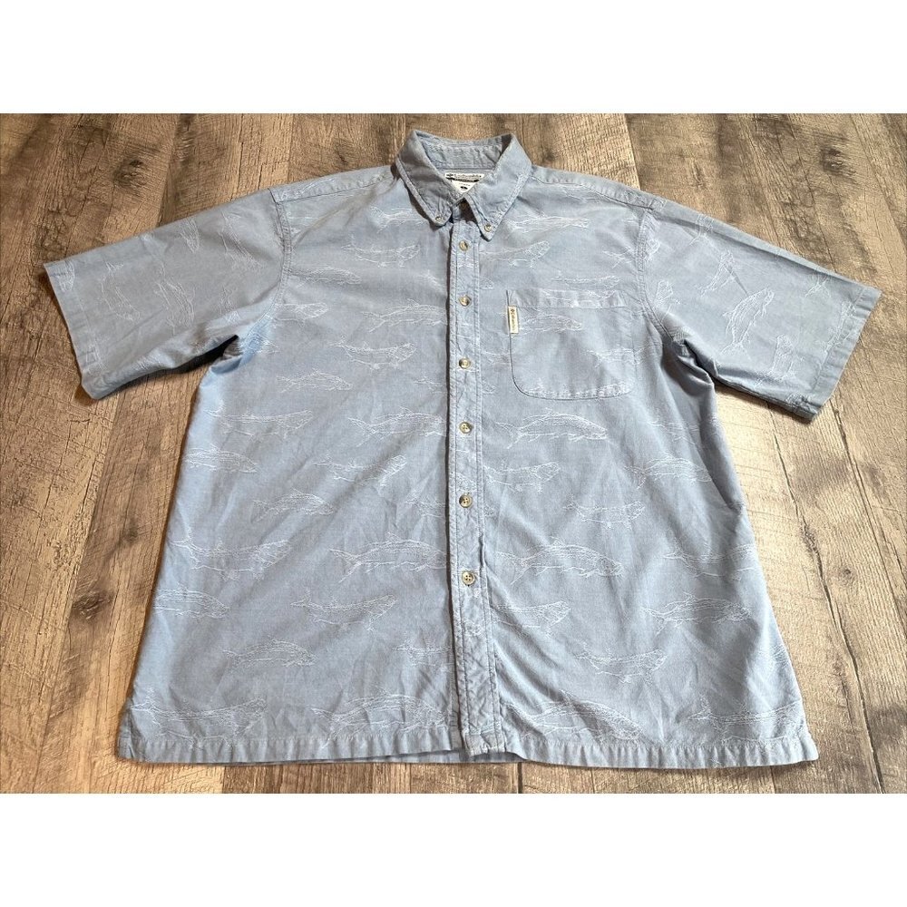 Columbia Shirt Mens Large Blue Fishing Short Sleeve Cotton Fish All Over Casual